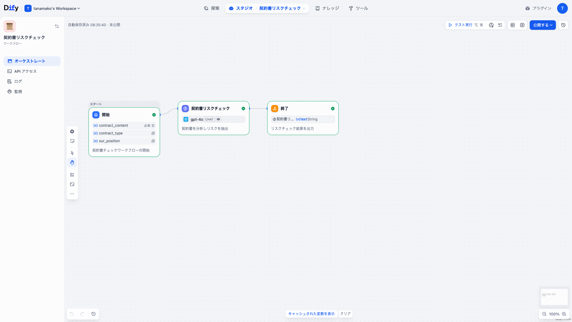Dify 契約書リスクチェックワークフローのDifyワークフロー画面
