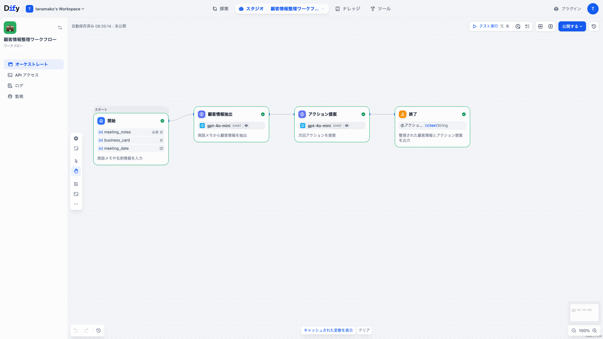 Dify 顧客情報整理ワークフローのDifyワークフロー画面