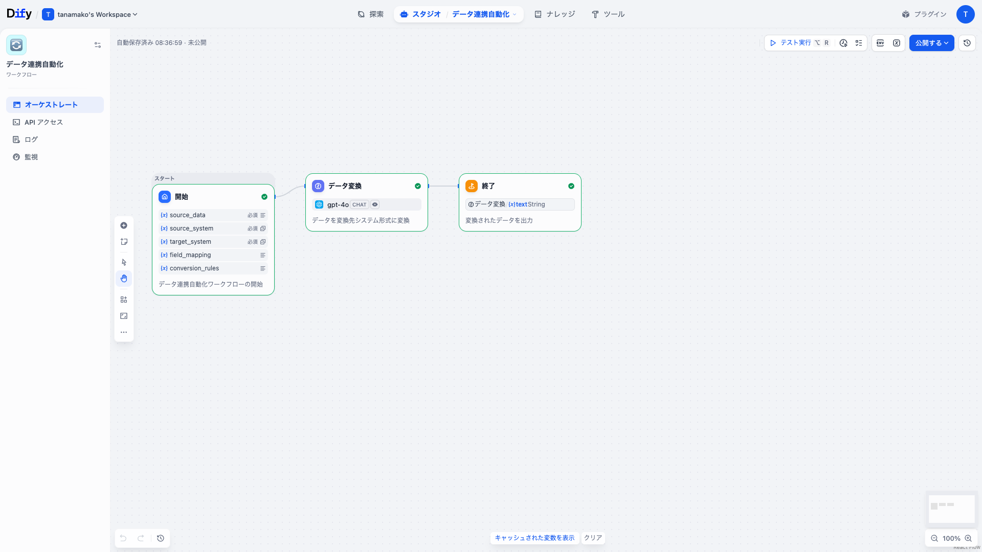 Dify データ連携自動化ワークフローのDifyワークフロー画面