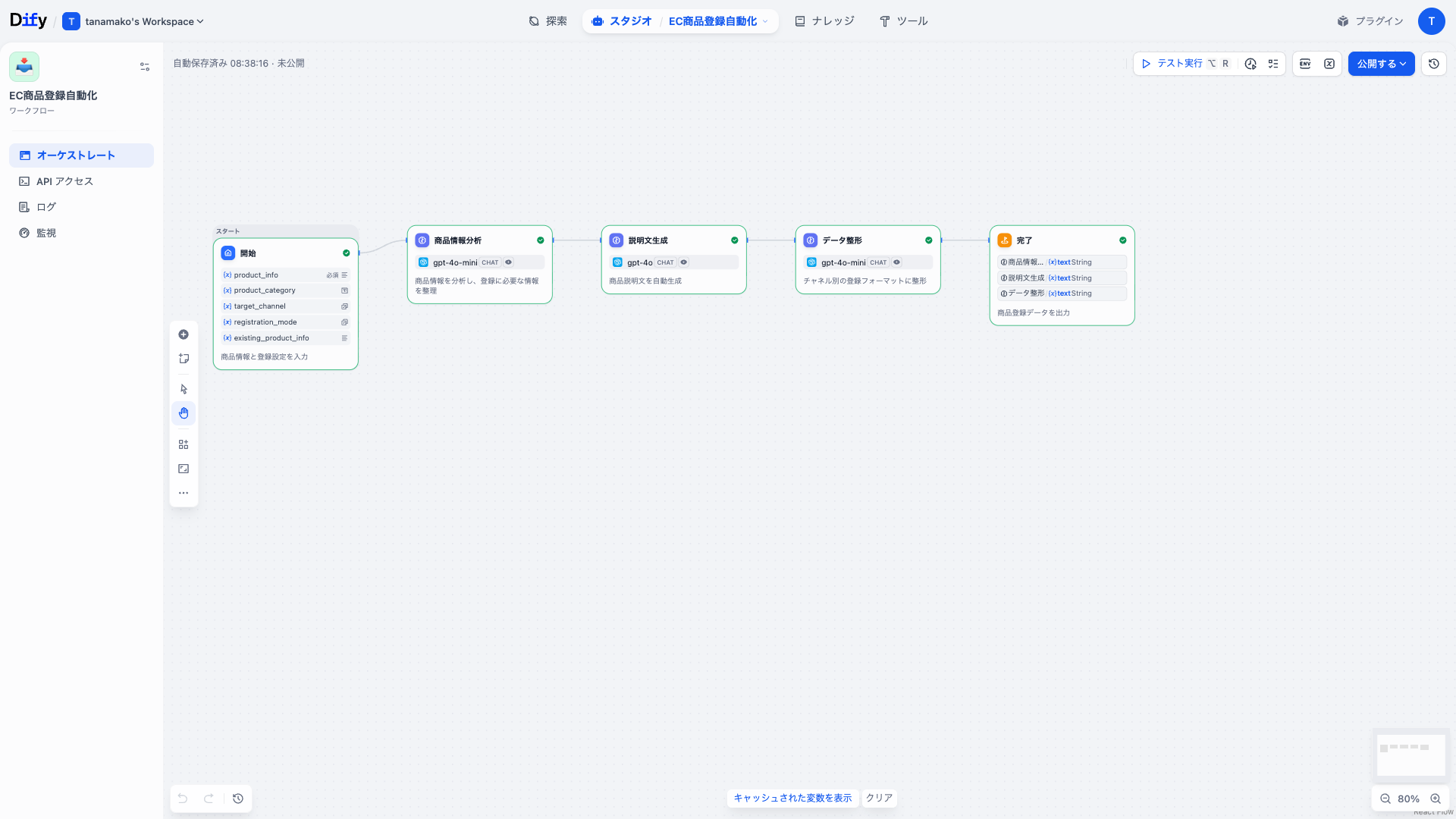 Dify EC商品登録自動化ワークフローのDifyワークフロー画面
