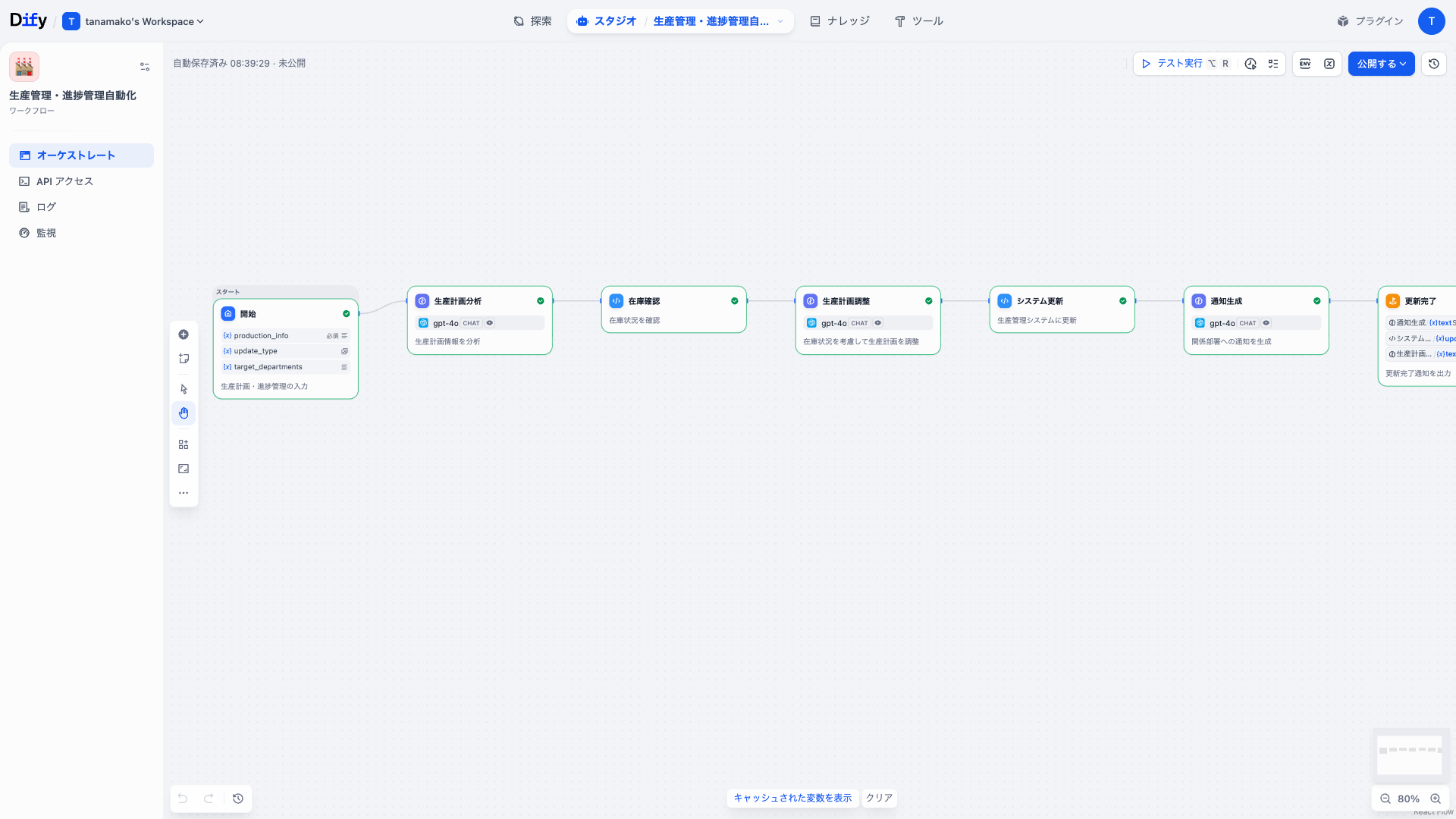 Dify 生産管理・進捗管理自動化ワークフローのDifyワークフロー画面