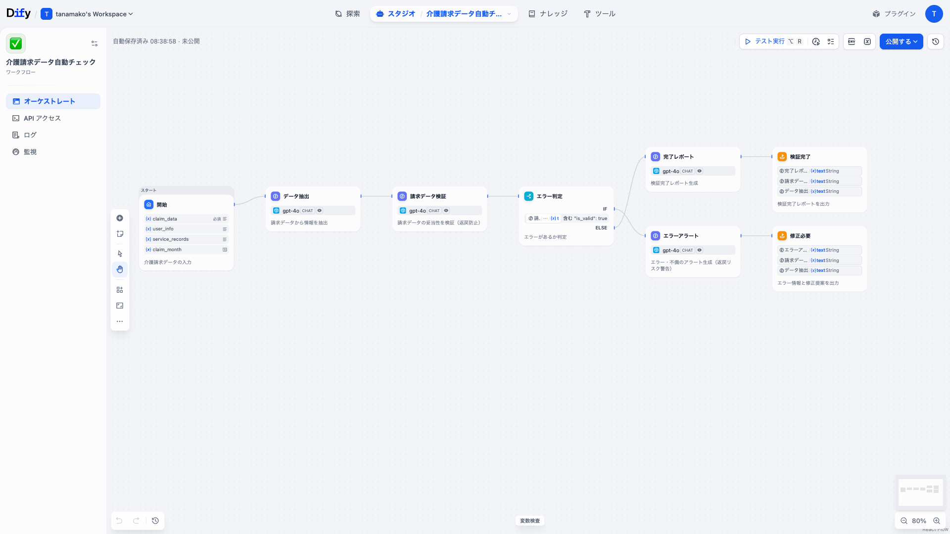 Dify 介護請求データ自動チェックワークフローのDifyワークフロー画面