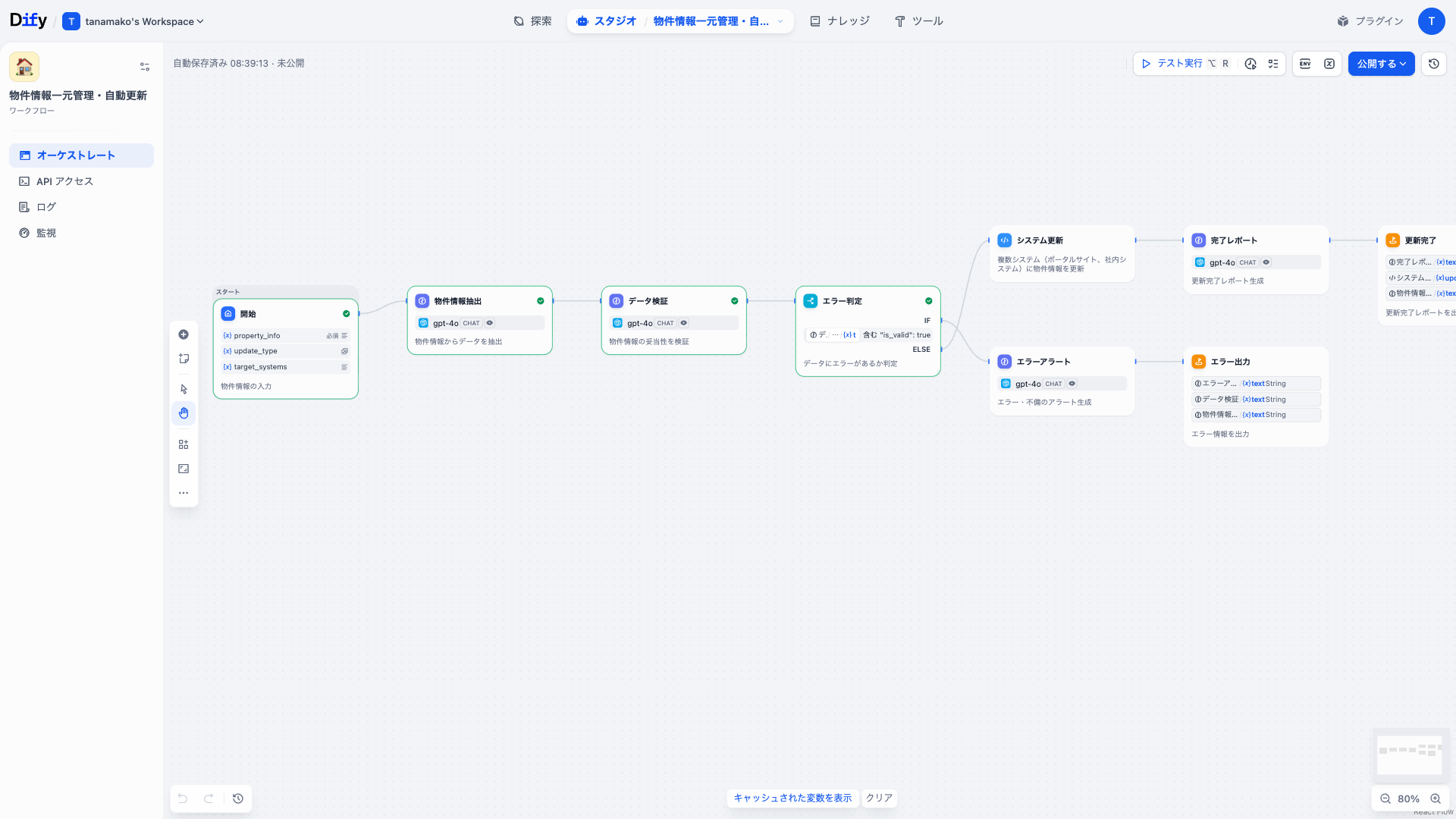 Dify 物件情報一元管理・自動更新ワークフローのDifyワークフロー画面