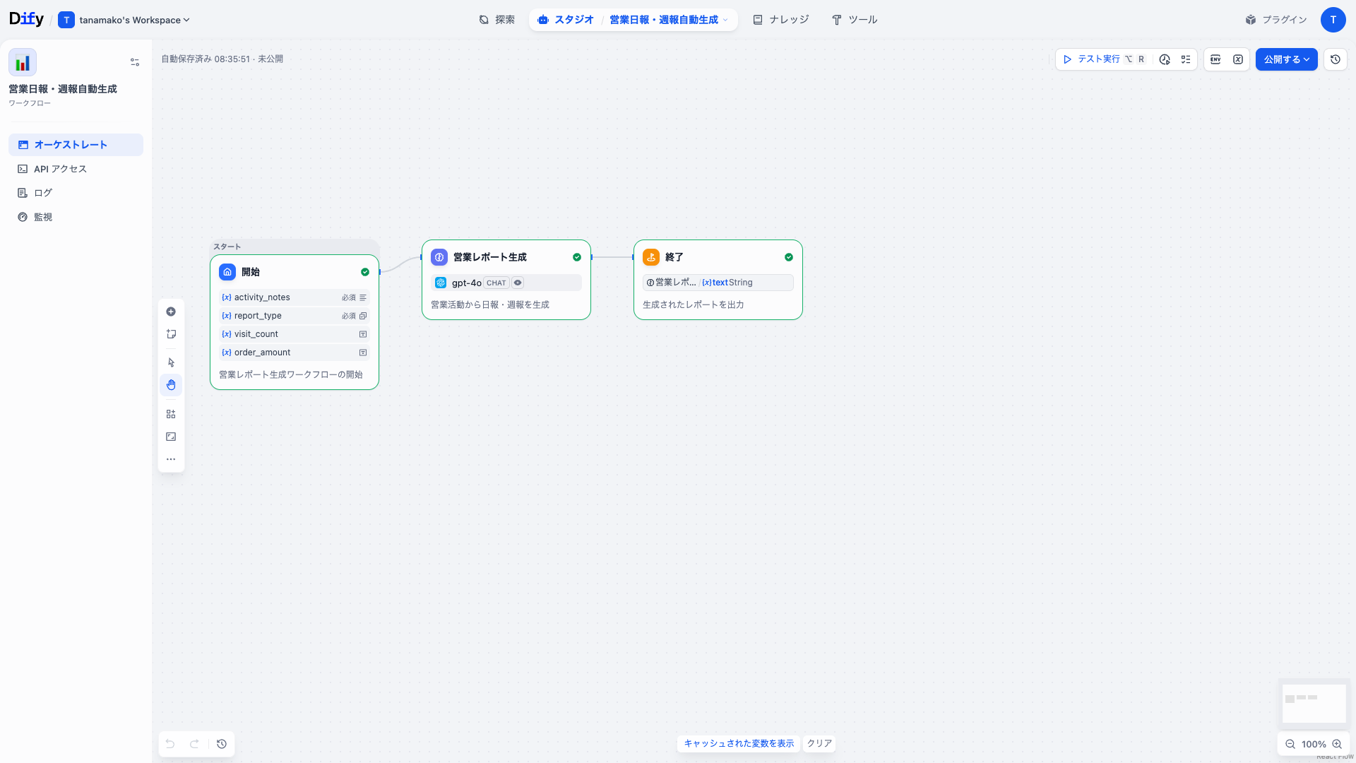 Dify 営業日報・週報自動生成ワークフローのDifyワークフロー画面